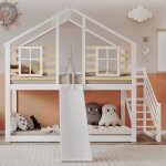 Lit superpos enfant cabane 90 x 200 cm 2 places avec toboggan et escalier et barriere cadre de lit en ...