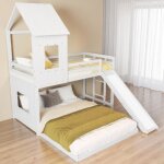 Lit superpos� enfant cabane 90x200 + 140x200 cm - 2 / 3 palces - toboggan et �chelle - 2 sommiers inclus ...