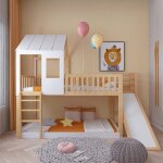 Lit superpos enfant cabane 90x200cm avec chelle et toboggan et toit fentre avec barriere et barreaux ...