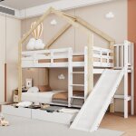 Lit superpos� - enfant - maison avec toboggan - bois massif - blanc + naturel - 90x200cm
