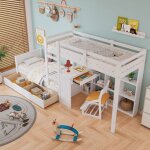 Lit superpos mezzanine enfant 2 places avec bureau et tiroirs et escalier 90x200 pin + mdf blanc