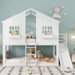 Lit superpos� enfant avec toboggan - en747 - 2 fen�tres - pin + mdf blanc 90x200cm