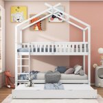 Lit superpos enfant - toit et la plateau sur roulettes - blanc en bois 90x200 cm - hauss spole