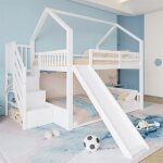 Lits superpos�s - singularity - cabane avec toboggan - escalier rangement - 140x200 cm - blanc