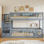 Lit superpos� maisentiel 90 x 200 cm bois gris avec escalier de rangement et coin jeu