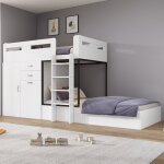 Lit superpos� maisentiel multifonctionnel avec bureau escamotable armoire et tiroirs mdf blanc et noir ...