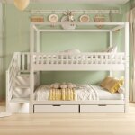 Lit superpos� lit maison enfant 90x200 cm bois massif blanc - double avec rangement garde - corps & �chelle ...