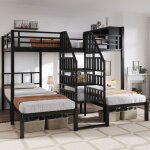 Lit superpos� m�tal noir 90x200 & 140x200 3 couchages escalier s�curis� et rangement int�gr�