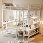 Lit mezzanine m�tal blanc 140x200 avec rangements sommier � lattes inclus 2 places capacit� 120 kg