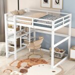 Lit mezzanine 2 places - 140x200 cm - blanc antique - bois de pin - bureau int�gr�