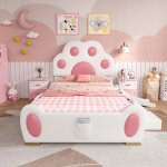 Lit surélevé 90x200 avec toboggan et tête de lit chat cadre de lit fille en similicuir rose et blanc ... Lit surélevé 90x200 avec toboggan et tête de lit chat cadre de lit fille en similicuir rose et blanc ...