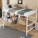 Lit surélevé 90x200cm cadre de lit en métal lit en fer lit surélevé avec bureau en l et une étagère pour ... Lit surélevé 90x200cm cadre de lit en métal lit en fer lit surélevé avec bureau en l et une étagère pour ...