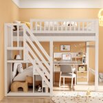 Lit sur�lev� maisentiel 140x200 bois blanc avec escalier de rangement et haut garde?corps pour enfants ...