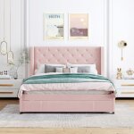 Lit tapiss 140 x 200 cm taille double avec sommier  lattes dossier et grands tiroirs en tissu lin pro ...