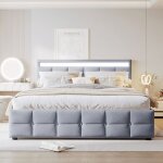 Lit tapiss� 180x200cm lampes led sommier � lattes lit simple hydraulique tissu velours hollandais gris ...