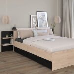 Lit avec tte de lit rangement et tiroir 140x190 / 200 bois naturel et noir - bois naturel - fabriqu ...