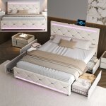 Lit � tiroirs 140x190 cm avec led et usb lit capitonn� en velours cadre de lit adulte avec sommier � ...