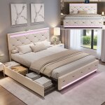Lit � tiroirs 140x200 cm avec led et usb lit capitonn� en velours cadre de lit adulte avec sommier � ...