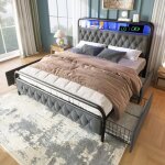 Lit avec tiroirs lit 160200 cm lit adulte lit double - avec app - control led - sweiko - gris