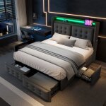 Lit avec tiroirs lit adulte 160 x 200 cm avec t�te de lit ledfonction de chargement usb c et 4 tiroirs. ...