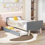 Lit avec tiroir enfant 90x190 avec 2 tiroirs lit simple en bois massif avec sommier à lattes gris Lit avec tiroir enfant 90x190 avec 2 tiroirs lit simple en bois massif avec sommier à lattes gris