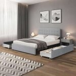 Lit tiroirs tte de lit capitonne ? grand couchage 160x200 cm ? velours gris - sommier inclus - ellie ...