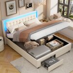 Lit velours beige avec led 140x190 cm stockage sous le lit bras � gaz sommier � lattes tiroir au pied ...