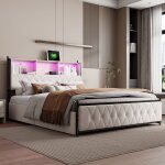 Lit en velours beige avec led et rangement - 180x200 cm avec tiroirs de rangement sommier  lattes usb ...