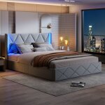 Lit en velours gris 140x200cm avec led sur les côtés vérin à gaz espace de rangement sous le lit cadre ... Lit en velours gris 140x200cm avec led sur les côtés vérin à gaz espace de rangement sous le lit cadre ...