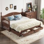 Lit vintage en bois massif lit double 90 / 180 * 190 cm avec tiroir et sommier  lattes - marron