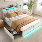 Lit double 160x200 cm - pergar - avec 4 tiroirs - t�te de lit avec usb - led - beige