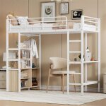 Lit mezzanine - blanc - 90x200 cm - bureau intégré - prises usb - Étagères de rangement Lit mezzanine - blanc - 90x200 cm - bureau intégré - prises usb - Étagères de rangement