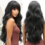 Longue perruque noire ondul�e avec franges pour femmes cheveux synth�tiques naturels perruques r�sistantes ...