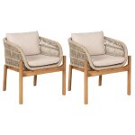 Loriena - lot de 2 fauteuils de table de jardin en acacia et corde beige avec coussins