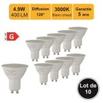 Lot de 10 ampoules led gu10 49w - 120� - 400lm 3000k - garantie 5 ans
