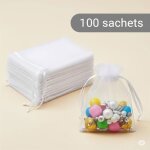 Lot de 100 pochons en organza de soie blanc ? sachets cadeau pour drages mariage baptme bijoux ? rutilisabl ...