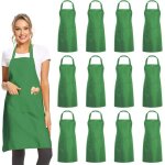 Lot de 12 tabliers unis  bavette avec 2 poches ? tablier commercial unisexe vert en vrac pour cuisine ...