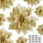 Lot de 15 poinsettias artificiels dors - dcoration de nol paillete avec tiges  clips pour arbres ...