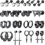 Lot de 16 paires de boucles doreilles noires pour homme et femme en acier inoxydable avec pendentif en ...