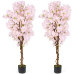 Lot 2 arbres de cerisier artificiels 150 cm - costway - fausse fleur dans un pot de ppinire dcoration ...