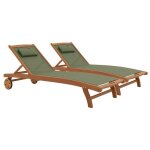 Lot de 2 bains de soleil en bois inclinable avec roues vert sauge - oviala