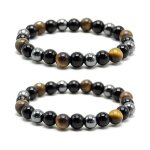 Lot de 2 bracelets triple protection - oeil de tigre h�matite et obsidienne - apporte chance et prosp�rit� ...