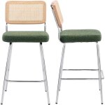 Lot de 2 chaises de bar en cannage et tissu boucl� vert pi�tement chrom� - muse