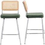 Lot de 2 chaises de bar en cannage et velours c�tel� vert kaki pi�tement chrom� - muse