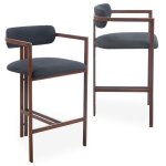 Lot de 2 chaises de bar design galilea métal effet bois foncé et tissu anthracite Lot de 2 chaises de bar design galilea métal effet bois foncé et tissu anthracite