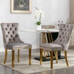 Lot 2 chaises salle � manger velours gris bois massif avec capitonnage clout� et pieds acier dor� style ...