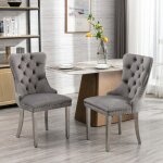 Lot 2 chaises salle � manger velours gris &chrome capitonnage haut de gamme pieds acier chrom� garniture ...
