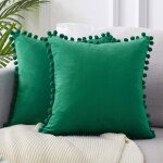 Lot de 2 coussin de velours avec des pompons de couleur unie couvre dcoratifs housse de coussin coussin ...