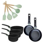 Lot 2 po�les 16 / 20cm et 3 casseroles 16 / 18 / 20cm fackelmann brandao avec 5 ustensiles oc�an