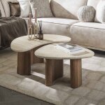 Lot de 2 tables basses forme organique effet travertin et bois